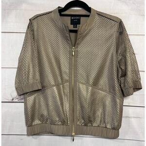 Insight New York Top Size 10 Mesh Overlay Zip Up Short Sleeve Gold
